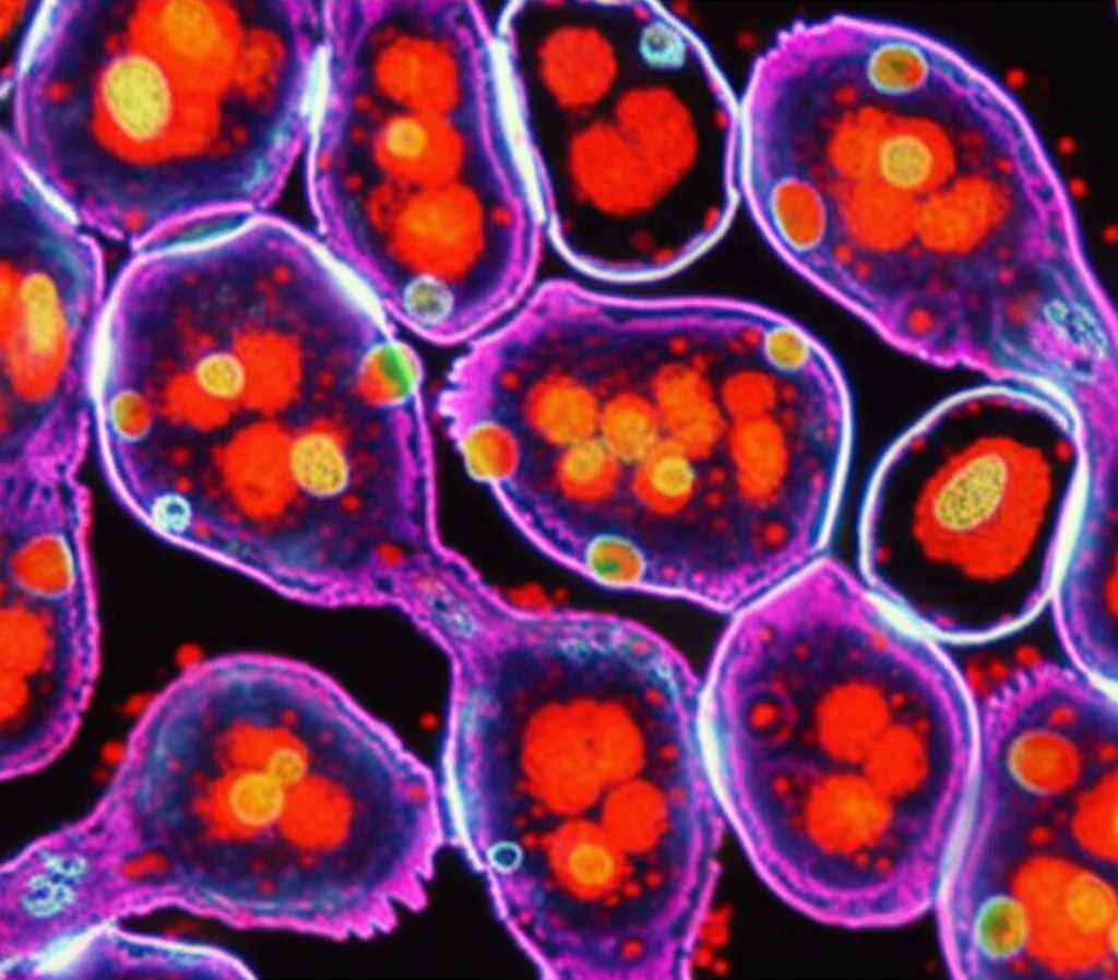Microscopia a immagine di cellule di radice di mais (Zea mays) che mostrano nuclei principali e diversi micronuclei più piccoli, tutti colorati intensamente con reagente di Schiff (reazione di Feulgen) per la quantificazione del DNA. Illuminazione controllata da microscopio, obiettivo ad alta magnificazione (es. 100x), alta risoluzione per evidenziare la variazione di dimensione e intensità tra i micronuclei, sfondo pulito. Macro lens 100mm, High detail, precise focusing, controlled lighting.