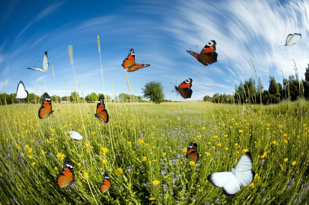 Paesaggio ampio che mostra un mosaico di habitat diversi: prati soleggiati si alternano a macchie di bosco e arbusti che creano zone d'ombra e umidità. Diverse specie di farfalle volano nell'area, a simboleggiare come habitat diversificati possano supportare specie con diverse esigenze di adattamento climatico. Landscape wide angle, 15mm, sharp focus, long exposure for smooth clouds.