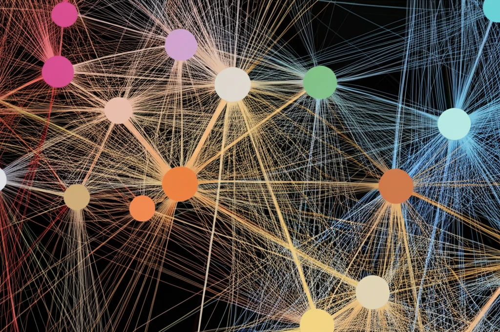Visualizzazione astratta di una rete complessa di nodi (malattie) e connessioni (comorbilità) con colori diversi per i gruppi razziali, stile macro lens 80mm, alta definizione, illuminazione controllata, simboleggiando le interazioni tra comorbilità materne in Alabama.