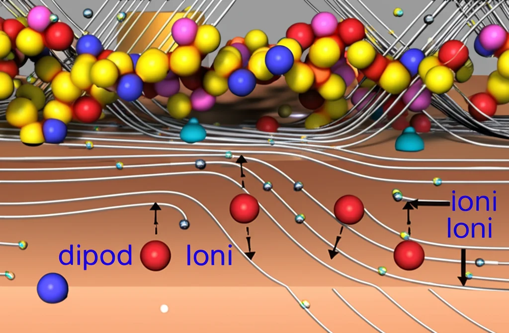 Visualizzazione scientifica astratta che rappresenta l'interfaccia del Doppio Strato Metallo-Organico (MODL). Mostra catene polimeriche con gruppi funzionali (sfere colorate), molecole d'acqua orientate (dipoli), ioni (sfere più grandi) e linee di campo elettrico vicino a una superficie metallica (rame), alto dettaglio.