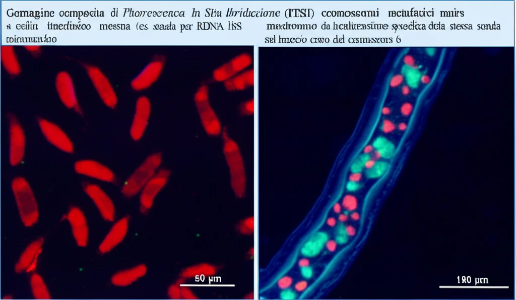 Immagine composita di Fluorescenza In Situ Ibridazione (FISH) su cellule di mais. A sinistra, un nucleo interfasico con un micronucleo mostra segnali fluorescenti rossi brillanti (es. sonda per rDNA 18S). A destra, cromosomi metafasici di mais mostrano la localizzazione specifica della stessa sonda (es. sul braccio corto del cromosoma 6). Sfondo blu scuro (DAPI). Obiettivo ad alta magnificazione, microscopia a fluorescenza, alta risoluzione, colori vividi. Macro lens 100mm, High detail, precise focusing, controlled lighting.