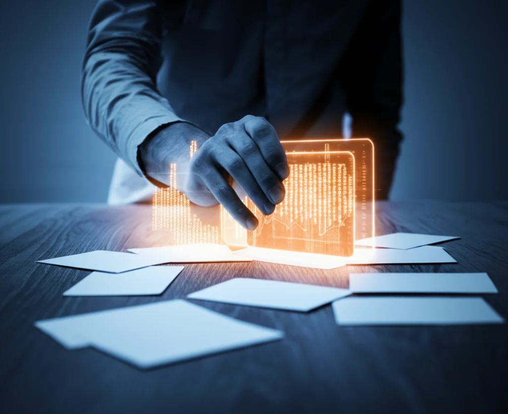 Immagine concettuale: una mano che estrae una carta luminosa da un mazzo sparso sul tavolo. La carta estratta mostra un grafico complesso di carico di rete, simboleggiando la selezione dello 'scenario peggiore'. Effetto profondità di campo, focus sulla carta, tonalità duotone blu e arancione.