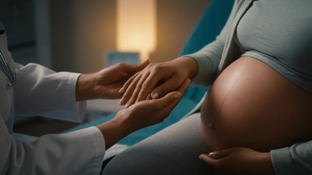 Primo piano macro 100mm di mani di un medico che tengono delicatamente le mani di una paziente incinta di colore durante una visita prenatale, illuminazione calda e controllata, alta definizione, a simboleggiare la necessità di cure personalizzate e supporto contro le disparità.