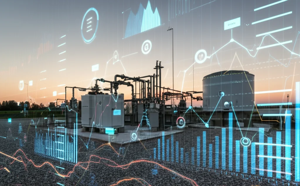 Fotografia grandangolare (obiettivo 20mm) di una moderna stazione di distribuzione gas integrata in un paesaggio naturale al tramonto. Sovrapposizioni digitali luminose mostrano grafici di flusso della rete e dati di ottimizzazione. Messa a fuoco nitida, leggera lunga esposizione per scie luminose.