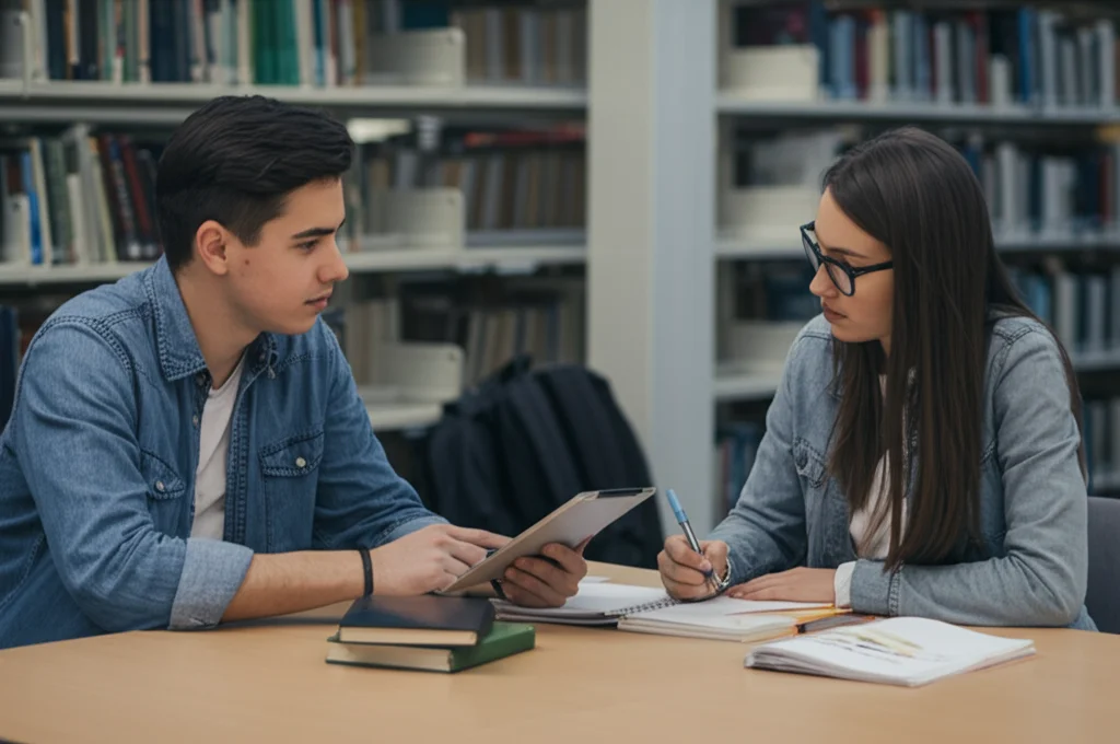 Due studenti universitari seduti uno di fronte all'altro a un tavolo in una biblioteca luminosa. Uno sta mostrando un tablet all'altro, che ascolta attentamente e prende appunti su un quaderno. Obiettivo 35mm, luce naturale dalle finestre, profondità di campo che sfoca leggermente lo sfondo delle librerie. Atmosfera collaborativa e concentrata.