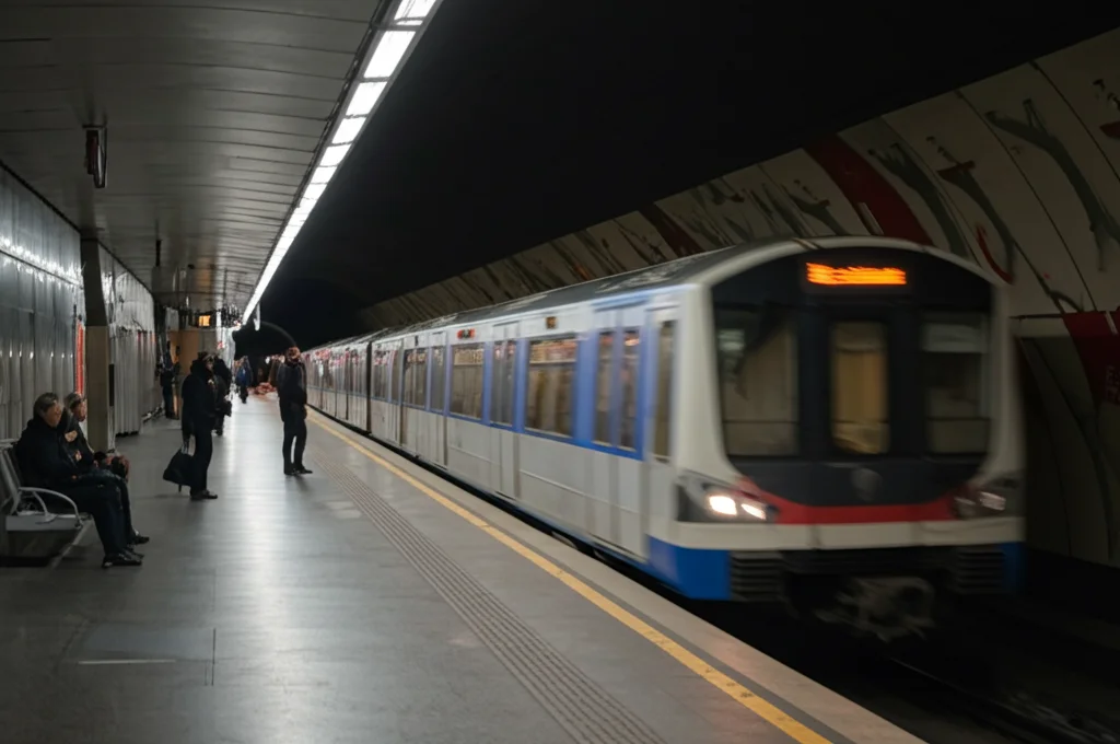 Fotografia realistica di una moderna stazione della metropolitana vista dall'interno, con persone in attesa sulla banchina e un treno che arriva. Luce artificiale brillante ma calda. Obiettivo prime 35mm, profondità di campo che mostra sia le persone in primo piano che il treno in arrivo a fuoco.