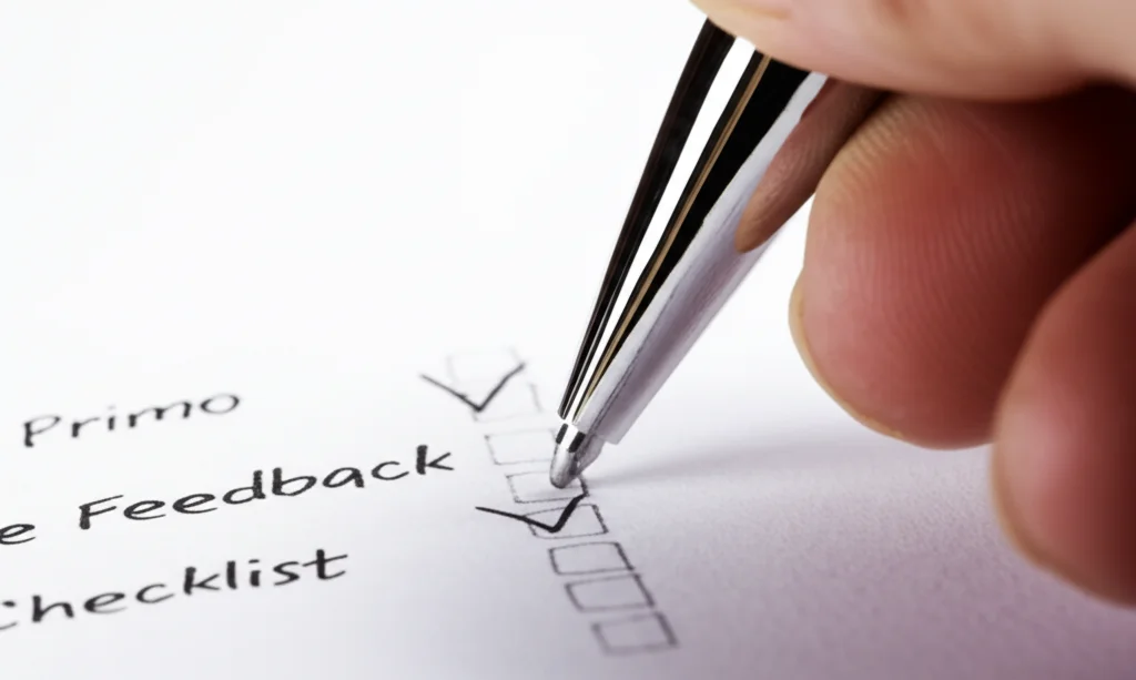 Primo piano di un foglio di carta con una checklist o una rubrica per dare feedback. Accanto, una mano sta spuntando una casella con una penna. Macro lens 60mm, high detail, luce da studio controllata, focus sulla punta della penna e sul testo della checklist.
