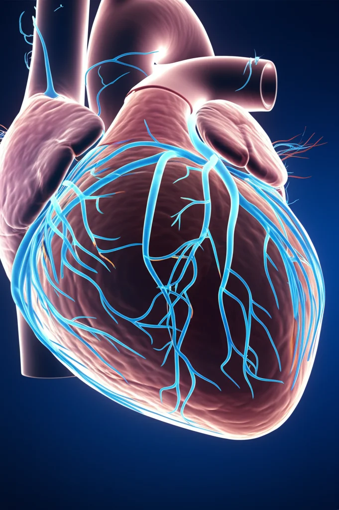 Primo piano macro di un diagramma del cuore umano con fibre nervose luminose sovrapposte, alcune leggermente sfilacciate o attenuate, a rappresentare la disfunzione autonomica. Obiettivo macro 60mm, alta definizione, illuminazione controllata per evidenziare i nervi.