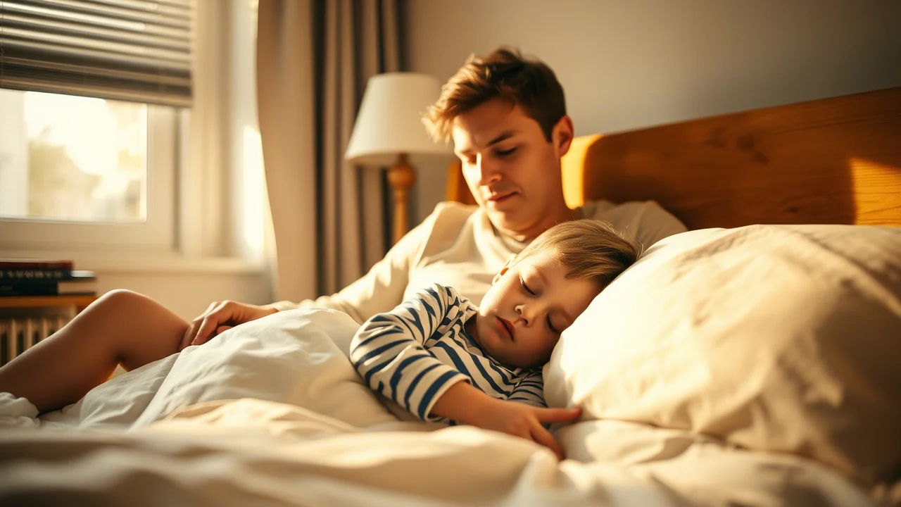 Un genitore siede accanto al letto di un bambino dall'aspetto stanco ma sereno, una luce calda entra dalla finestra. Fotografia ritratto, obiettivo 35mm, toni caldi e morbidi, profondità di campo per mettere a fuoco l'interazione genitore-figlio.