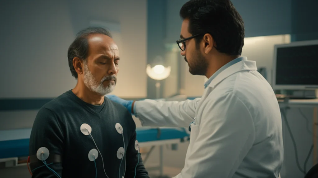 Immagine fotorealistica di un medico che guida con calma un paziente di mezza età (etnia sud-asiatica) attraverso un esercizio di respirazione profonda, collegato a un monitoraggio discreto (elettrodi ECG visibili). Obiettivo prime 35mm, profondità di campo per sfocare leggermente l'ambiente clinico, luce calda e rassicurante.