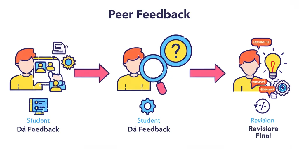 Infografica stilizzata che mostra il flusso del peer feedback con icone che rappresentano lo studente che crea, lo studente che dà feedback (con una lente d'ingrandimento), lo studente che riceve feedback (con un punto interrogativo e una lampadina), e la revisione finale. Frecce indicano il flusso e piccole icone 'supporto' (es. un ingranaggio o un libro guida) sono posizionate strategicamente nella fase di fornitura. Colori vivaci ma professionali.