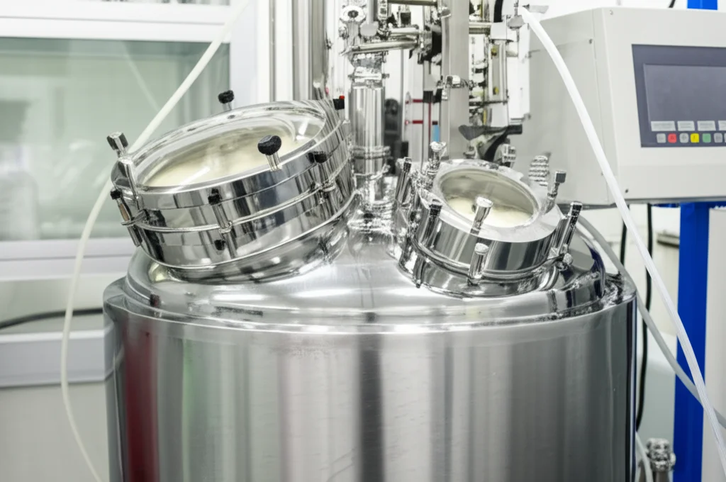 Foto di un moderno bioreattore da 5 litri in acciaio inox in funzione in un laboratorio di biotecnologia. Tubi e cavi sono collegati al reattore, e un display digitale mostra i parametri di fermentazione (temperatura, pH, agitazione). All'interno, attraverso un piccolo oblò, si intravede la coltura di lievito Saccharomyces cerevisiae (liquido torbido e leggermente schiumoso). Luce ambientale da laboratorio, obiettivo zoom 35mm, profondità di campo media per mantenere a fuoco il reattore.