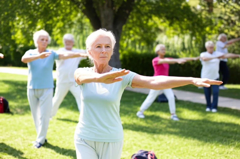 Scatto d'azione di un gruppo eterogeneo di adulti di mezza età e anziani che partecipano a una lezione di ginnastica dolce all'aperto, come Tai Chi, concentrandosi sulla respirazione. Teleobiettivo zoom (circa 150mm), velocità dell'otturatore elevata per catturare il movimento delicato, luce diurna naturale e luminosa.