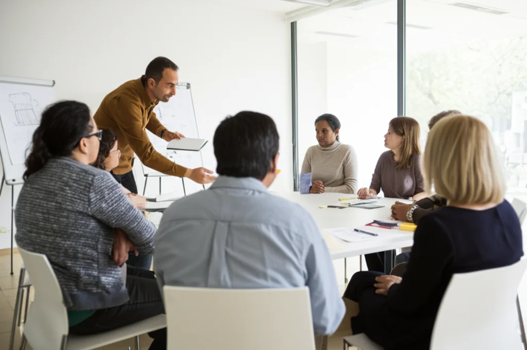 Un gruppo eterogeneo di genitori partecipa attivamente a un workshop in una sala luminosa e moderna, guidati da uno psicologo. Fotografia di gruppo, obiettivo zoom 35-70mm, luce naturale diffusa, espressioni concentrate ma positive, atmosfera collaborativa.