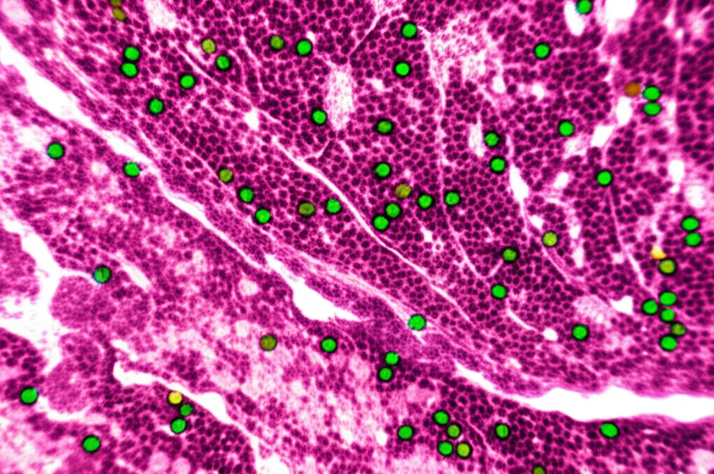 Visualizzazione al microscopio elettronico di proteine cellulari con molecole di lattato (rappresentate come piccole sfere luminose) che si legano a specifici residui di lisina. Macro lens, 100mm, high detail, precise focusing, controlled lighting, visualizzazione della lattilazione proteica.