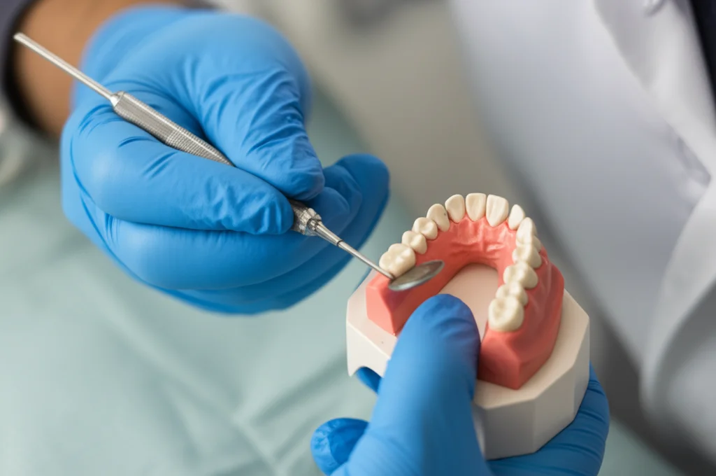 Primo piano delle mani guantate di uno studente di odontoiatria che pratica la rimozione della carie su un modello dentale in un laboratorio di simulazione. Obiettivo macro 100mm, alta definizione, illuminazione controllata per evidenziare i dettagli dello strumento e del dente.