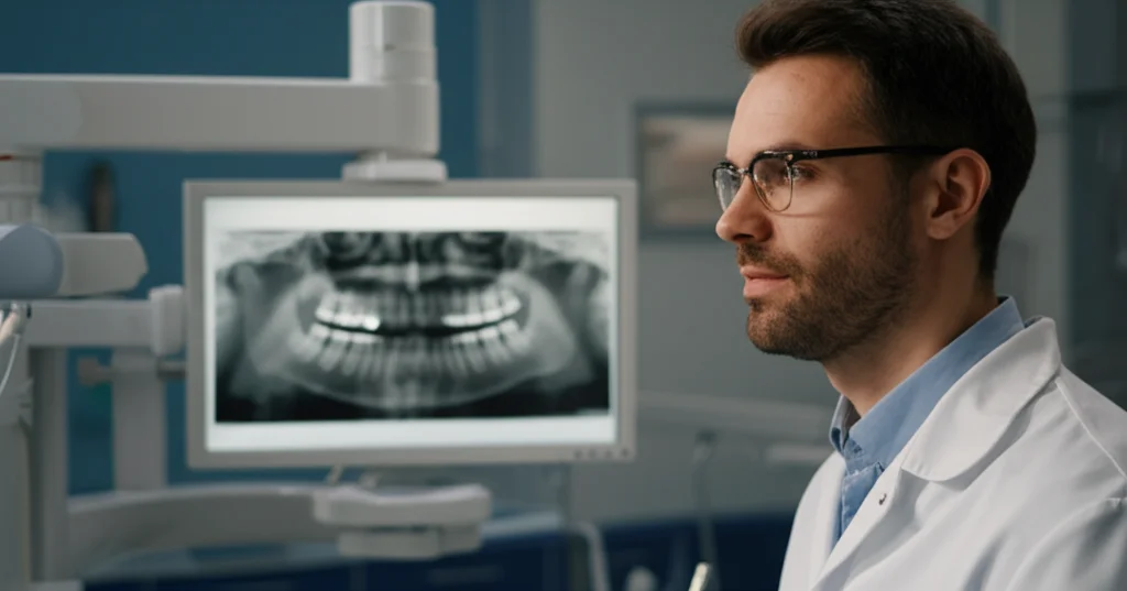 Studente di odontoiatria dall'aspetto concentrato ma leggermente incerto mentre osserva una radiografia dentale panoramica su uno schermo luminoso in uno studio dentistico. Obiettivo prime 50mm, profondità di campo ridotta per focalizzare sullo studente, luce ambientale soffusa.