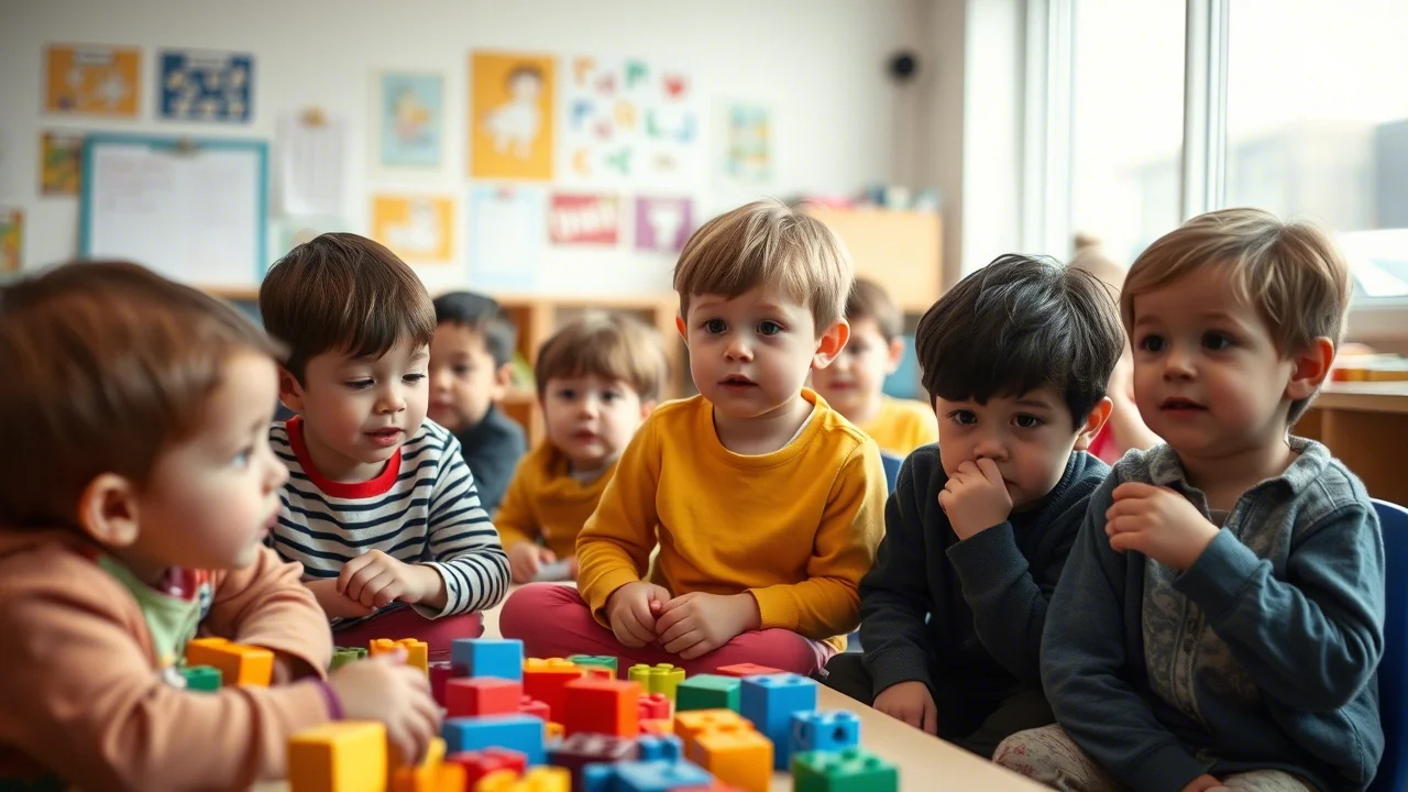 Fotografia di ritratto, bambini di 5 anni in una classe luminosa e moderna, alcuni guardano con fiducia dei blocchi colorati e puzzle numerici, altri mostrano un'espressione più concentrata o leggermente incerta. Profondità di campo, obiettivo 35mm, luce naturale, colori vivaci ma realistici.