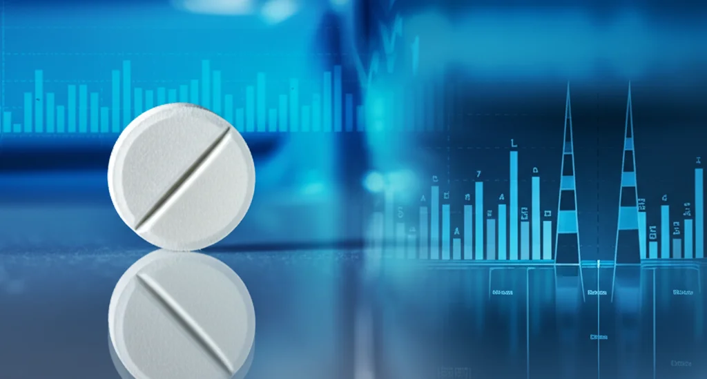 Fotografia macro di una compressa bianca di Prusogliptin (DBPR108) appoggiata su una superficie riflettente, obiettivo macro 100mm, alta definizione, illuminazione laterale controllata per evidenziare la texture, sfondo sfocato con grafici scientifici astratti.