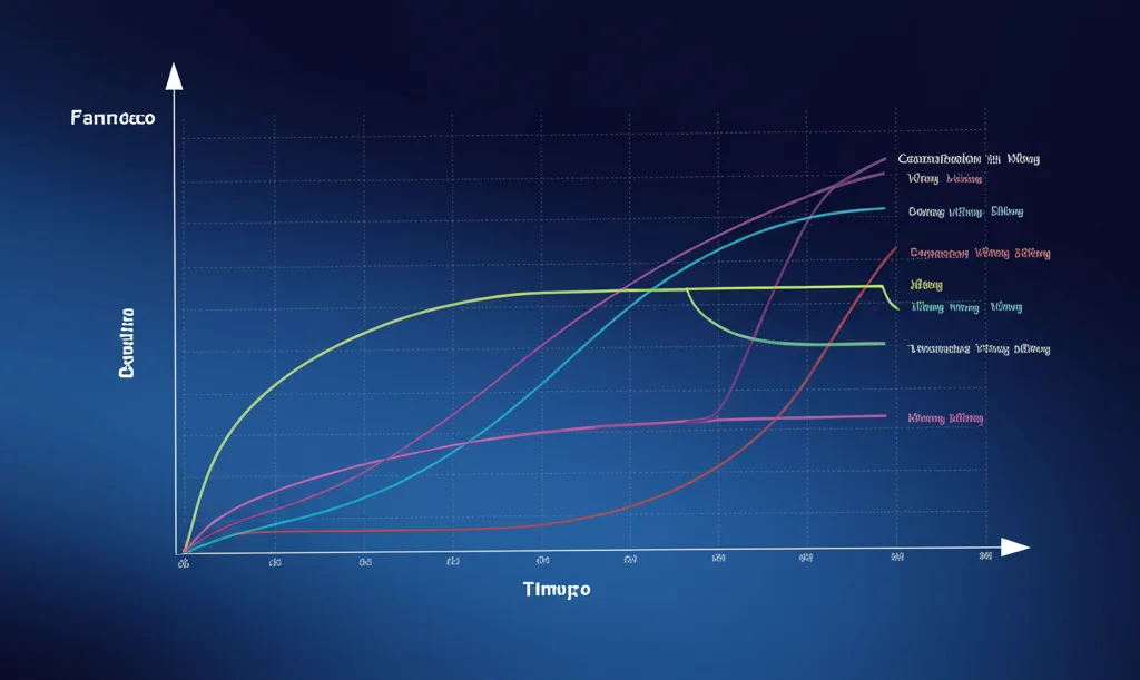 Grafico scientifico astratto che mostra curve di concentrazione plasmatica di un farmaco nel tempo, con linee di colori diversi per dosaggi differenti (50mg, 100mg, 200mg), su sfondo blu scuro digitale, alta definizione, stile infografica medica.