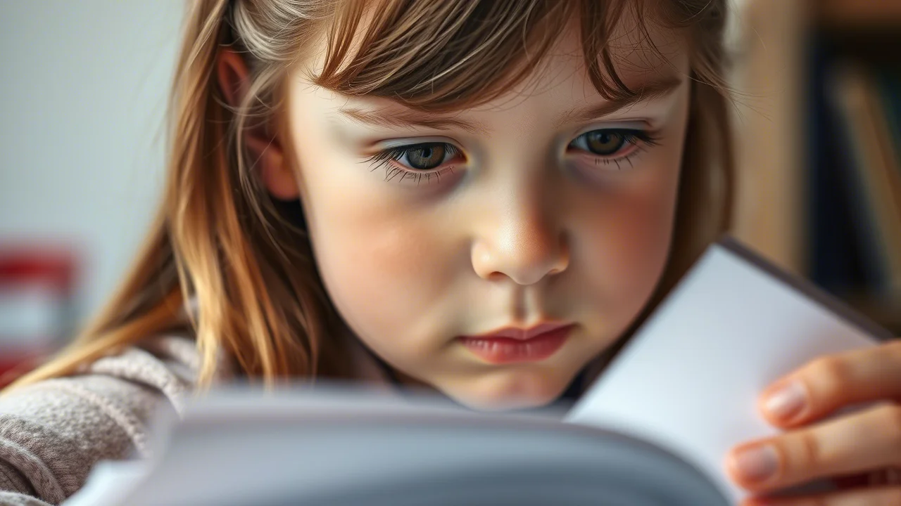 Macro fotografia, primo piano sull'espressione pensierosa di una bambina di 5 anni che guarda un quaderno di matematica, forse con un accenno di esitazione negli occhi. Messa a fuoco precisa sul viso, illuminazione controllata e morbida, obiettivo 60mm, dettagli elevati della texture della pelle e dei capelli.
