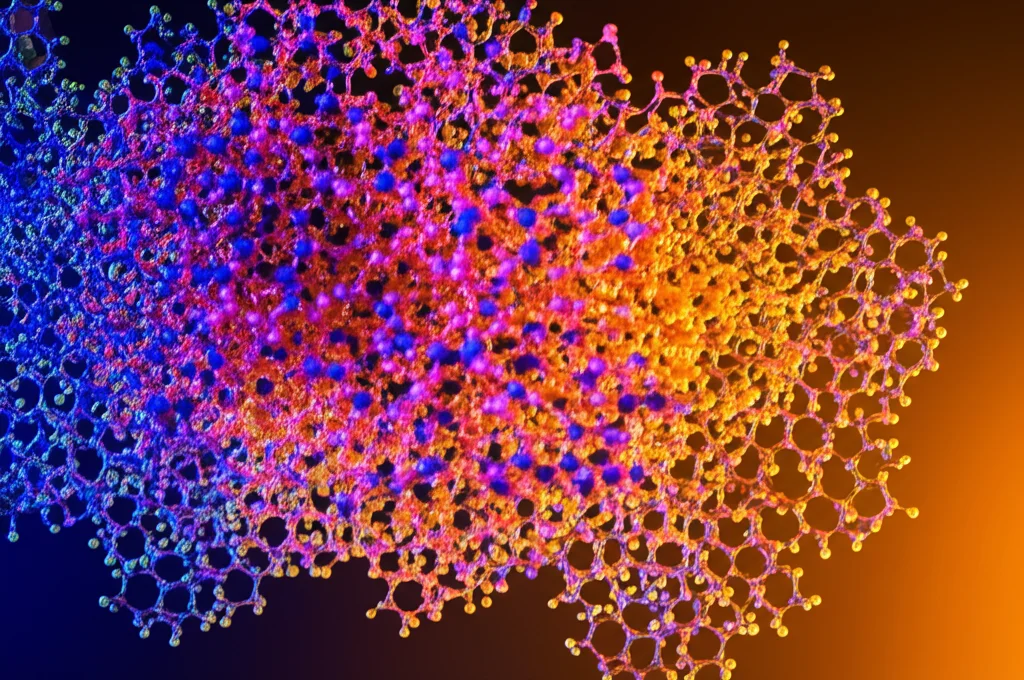 Scatto macro ravvicinato, obiettivo da 85 mm, di un diagramma di struttura molecolare complesso che si dissolve in un grafico di rete più semplice e colorato che rappresenta un grafico ridotto, un dettaglio elevato, illuminazione controllata, simboleggia la semplificazione dei dati nella scoperta di farmaci.