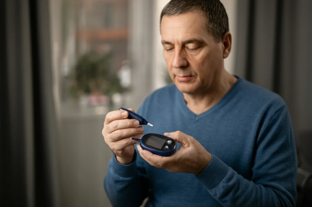 Ritratto di un paziente diabetico di mezza età che misura la glicemia con un glucometro, espressione serena, luce naturale da una finestra, obiettivo 50mm, profondità di campo media, colori naturali e caldi, a simboleggiare la gestione quotidiana del diabete.