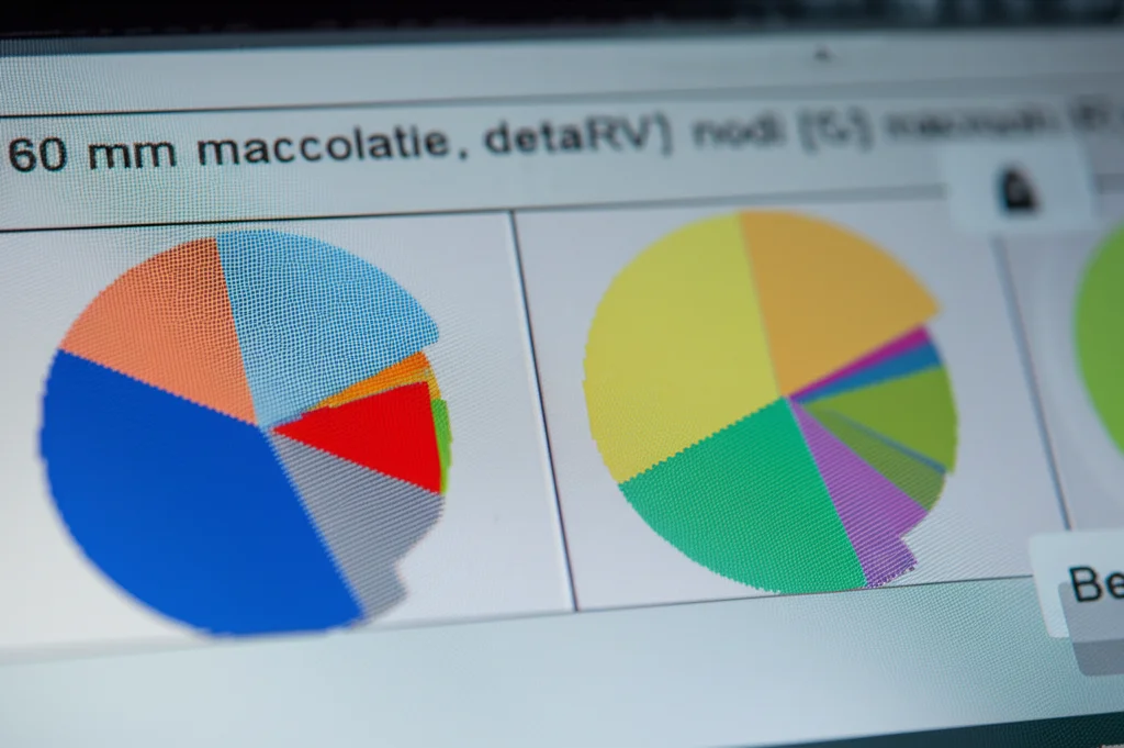 Visualizzazione fotorealistica dello schermo interattivo del computer che mostra grafici a torte colorate che rappresentano frammenti molecolari (nodi di core RG), lenti macro da 60 mm, dettagli elevati, focalizzazione precisa, che mostra l'analisi dei dati chimici.