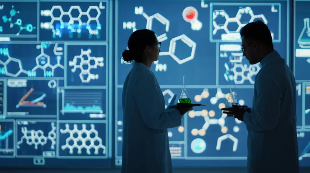 Scatto grandangolare, obiettivo da 24 mm, di un moderno ambiente di laboratorio con ricercatori che discutono di diagrammi molecolari complessi e visualizzazioni di dati proiettate su un grande schermo, focus acuto, profondità di campo, che mostra analisi di scoperta di farmaci collaborativi.