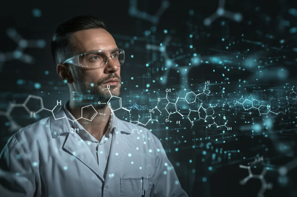 Portrait Photography, lente da 35 mm, di un chimico medicinale focalizzato che guarda pensiermente una rappresentazione astratta e astratta di dati molecolari interconnessi, stile noir cinematografico, profondità di campo, simbolo di intuizione acquisita dalla visualizzazione avanzata.