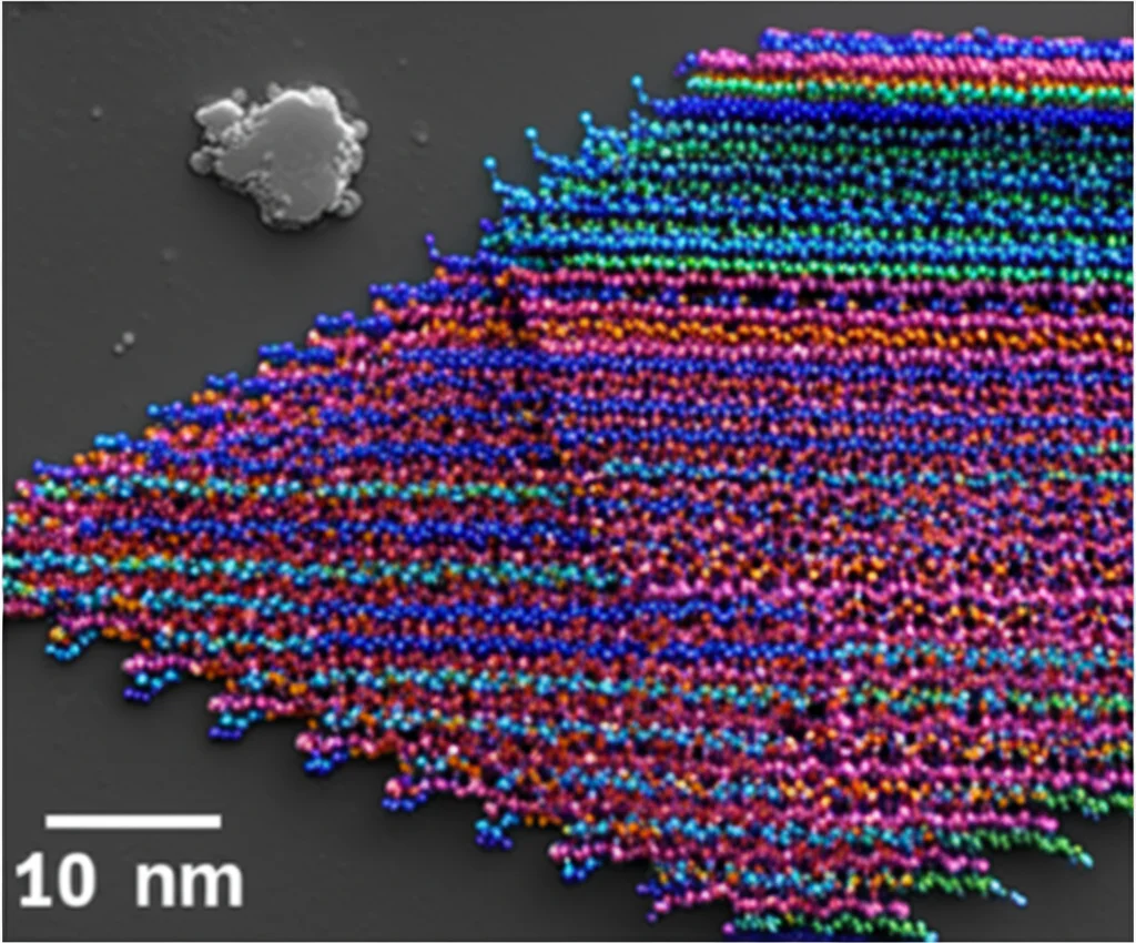 Vista microscopica, obiettivo macro 100mm, che illustra il concetto di impilamento di van der Waals in bilayer Giano TMD, mostrando strati atomici distinti con sottili differenze di colore, alto dettaglio, illuminazione controllata.