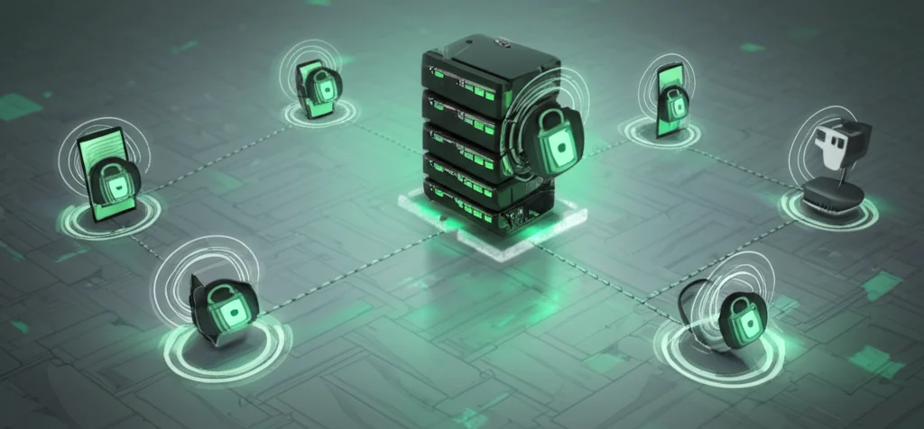 Illustrazione concettuale che mostra diversi dispositivi IoT (smartphone, smartwatch, sensore) con lucchetti digitali sui loro dati, collegati a un server centrale tramite linee tratteggiate che rappresentano lo scambio sicuro di parametri del modello, non dei dati grezzi. Stile high-tech, colori duotone verde e grigio, profondità di campo.