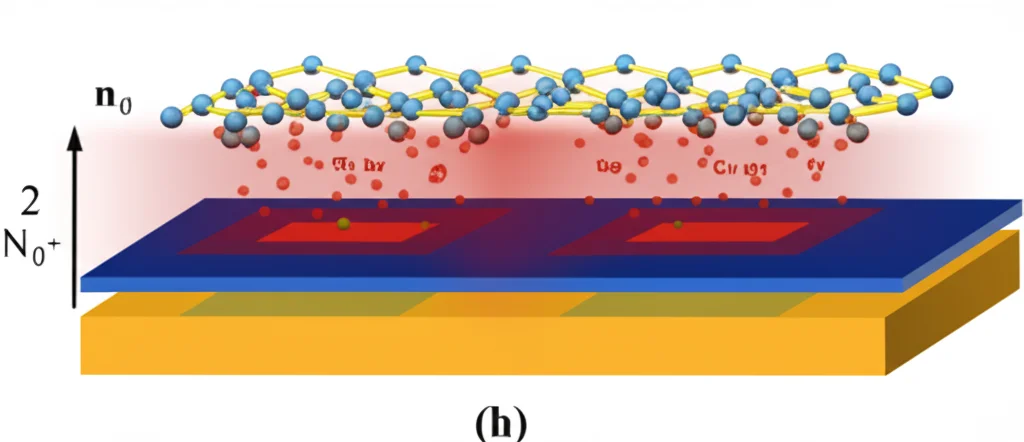 Visualizzazione concettuale della separazione elettrone-buca in una cella solare con allineamento di banda di tipo II basata su bilayer Giano TMD, mostrando la nuvola elettronica localizzata su uno strato e la nuvola di buche sull'altro, rappresentazione astratta ma scientificamente plausibile, illuminazione soffusa.