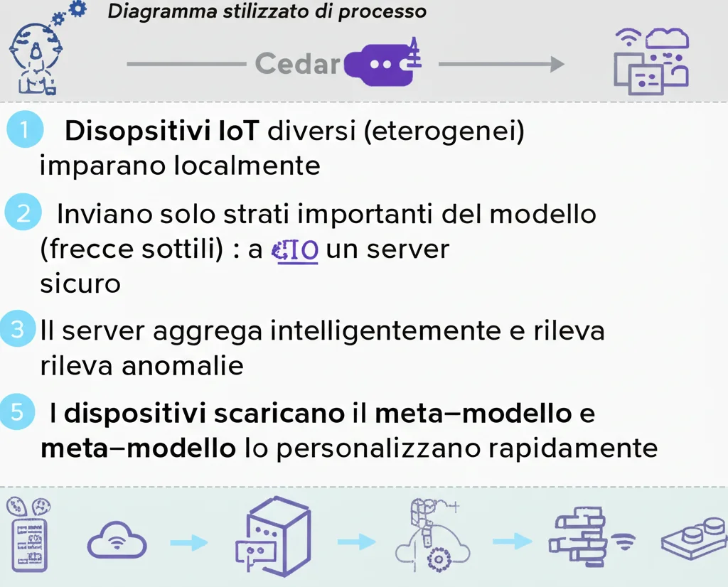 Diagramma stilizzato che mostra il processo di Cedar: 1) Dispositivi IoT diversi (eterogenei) imparano localmente. 2) Inviano solo strati importanti del modello (frecce sottili) a un server sicuro. 3) Il server aggrega intelligentemente e rileva anomalie. 4) Un meta-modello ottimizzato viene creato. 5) I dispositivi scaricano il meta-modello e lo personalizzano rapidamente. Stile infografica pulita, colori primari brillanti.