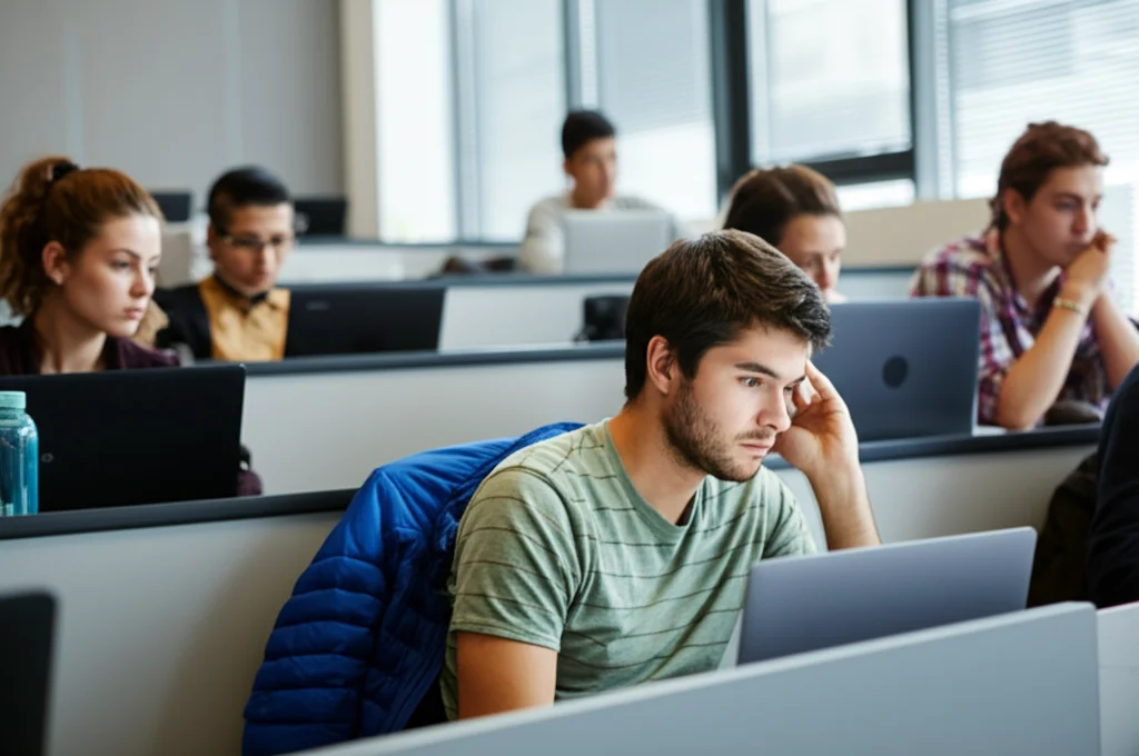 Studenti universitari in un'aula moderna che lavorano concentrati sui loro laptop, alcuni sembrano perplessi guardando lo schermo, luce naturale entra da una grande finestra laterale illuminando la scena, obiettivo prime 35mm, profondità di campo ridotta per focalizzare sui primi studenti.