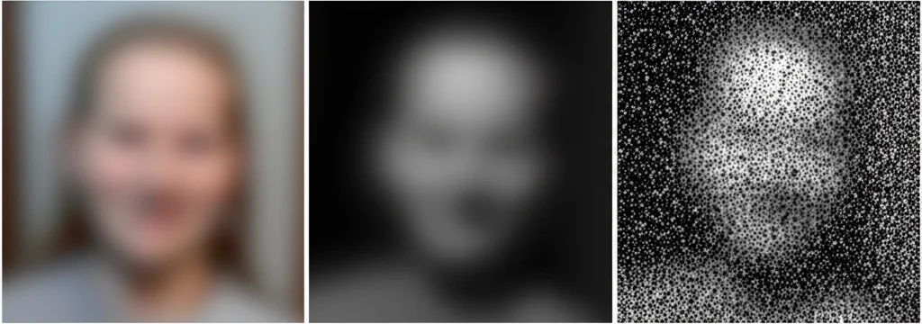 Visualizzazione comparativa di sicurezza: a sinistra, un'immagine originale chiara; al centro, un'immagine ricostruita da un attacco a un metodo standard (sfocata ma riconoscibile); a destra, un'immagine ricostruita da un attacco a Cedar (completamente distorta, irriconoscibile, simile a rumore statico). Stile fotorealistico, focus sui dettagli dell'immagine, illuminazione da studio.