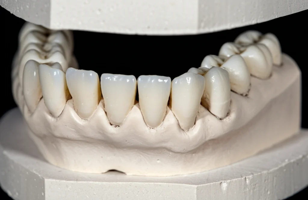 Macro fotografia di un modello dentale in gesso che mostra un grave morso aperto anteriore, obiettivo macro 90mm, illuminazione controllata da studio, alta definizione dei dettagli occlusali.