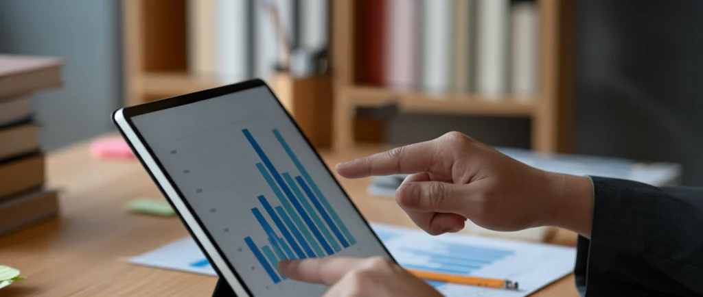 Primo piano di due mani che indicano un grafico a barre su uno schermo di tablet che mostra un leggero trend positivo con barre di errore visibili, sfondo sfocato di libri e documenti su una scrivania accademica, obiettivo macro 60mm, illuminazione da studio controllata, alta definizione dei dettagli sul grafico.