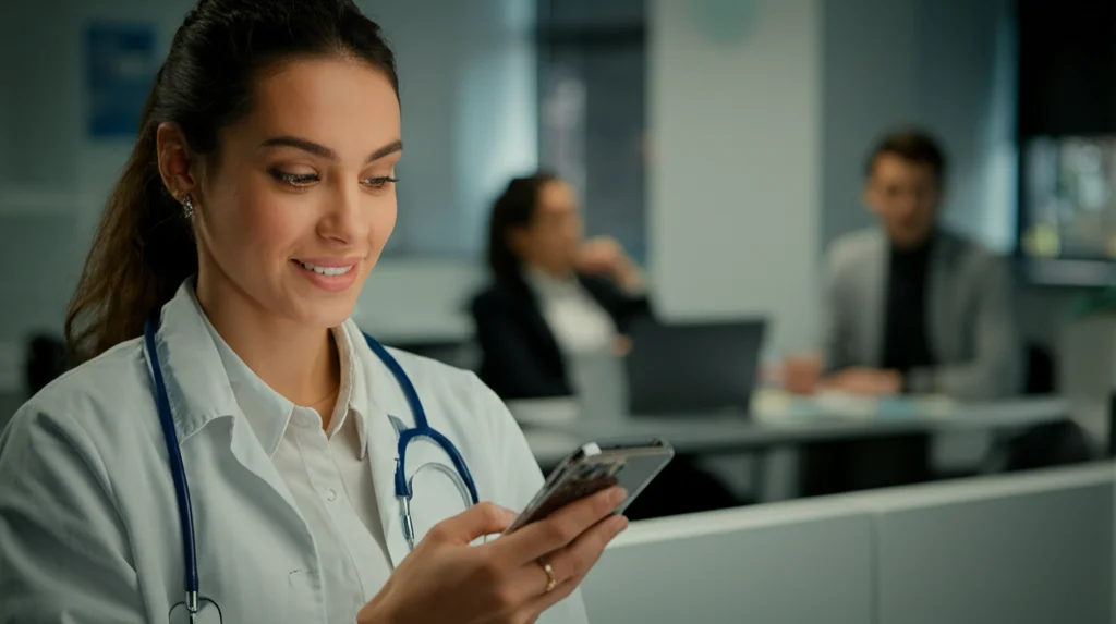 Una studentessa di ostetricia sorridente che utilizza uno smartphone per consultare un'app educativa. Luce naturale soffusa, ambiente universitario sullo sfondo sfocato. Ritratto, obiettivo prime 35mm, profondità di campo ridotta per mettere a fuoco la studentessa e il telefono, stile filmico.