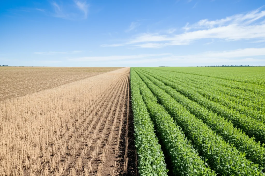 Campo agricolo nell'Oregon orientale diviso a metà: una parte con stoppie di grano secco sotto lavorazione convenzionale (CT), l'altra con un rigoglioso raccolto di piselli verdi sotto regime No-Till (NT). Obiettivo grandangolare 24mm, luce diurna brillante, messa a fuoco nitida su entrambi i lati per il confronto, cielo azzurro con qualche nuvola.