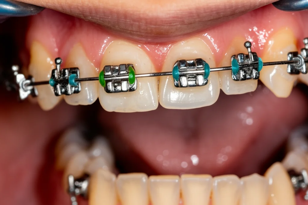 Fotografia intraorale di un paziente adolescente con apparecchio ortodontico fisso e una griglia linguale (tongue crib) incollata ai molari superiori, obiettivo macro 100mm, messa a fuoco precisa sull'apparecchio, illuminazione dentale professionale.