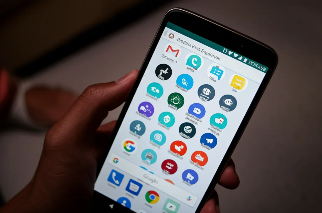 Primo piano di uno smartphone Android che mostra l'interfaccia utente colorata e interattiva dell'app 'Positive Birth Experience'. Schermo luminoso, icone chiare, dettagli nitidi dell'app. Fotografia di oggetto, obiettivo macro 60mm, illuminazione controllata e precisa per evidenziare i dettagli dello schermo.
