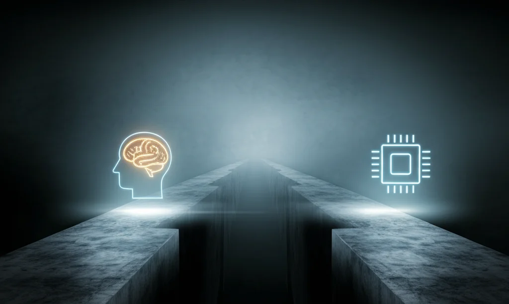 Un bivio concettuale rappresentato da due sentieri luminosi su uno sfondo scuro e astratto, un sentiero conduce a un'icona stilizzata di un cervello umano illuminato (pensiero critico), l'altro a un'icona di un chip di computer (dipendenza AI), effetto fotorealistico con profondità.