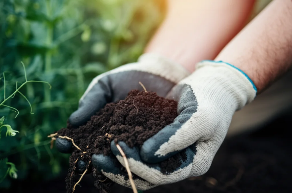 Primo piano di una manciata di terreno scuro e granuloso, ricco di materia organica, tenuto in una mano guantata da agronomo. Sullo sfondo sfocato, radici fini di una pianta di pisello. Obiettivo macro 100mm, alta definizione sulla texture del suolo e sulle radici, illuminazione naturale morbida, focus selettivo.