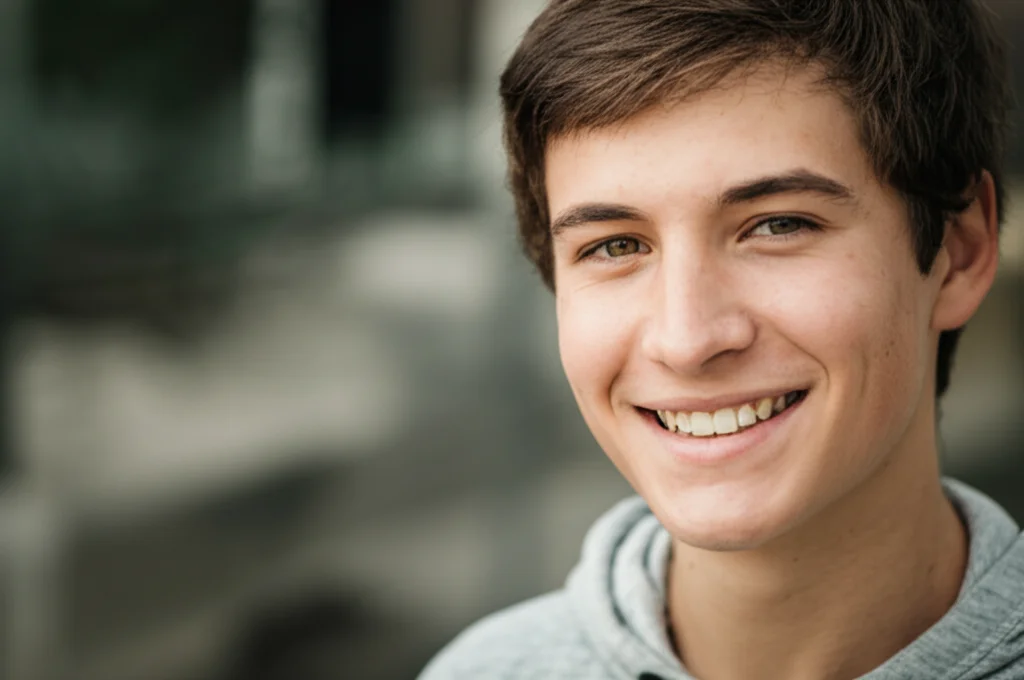 Ritratto di un adolescente sorridente dopo il trattamento ortodontico, denti allineati e sorriso armonioso, obiettivo da ritratto 50mm, profondità di campo ridotta per sfocare lo sfondo, luce naturale morbida.