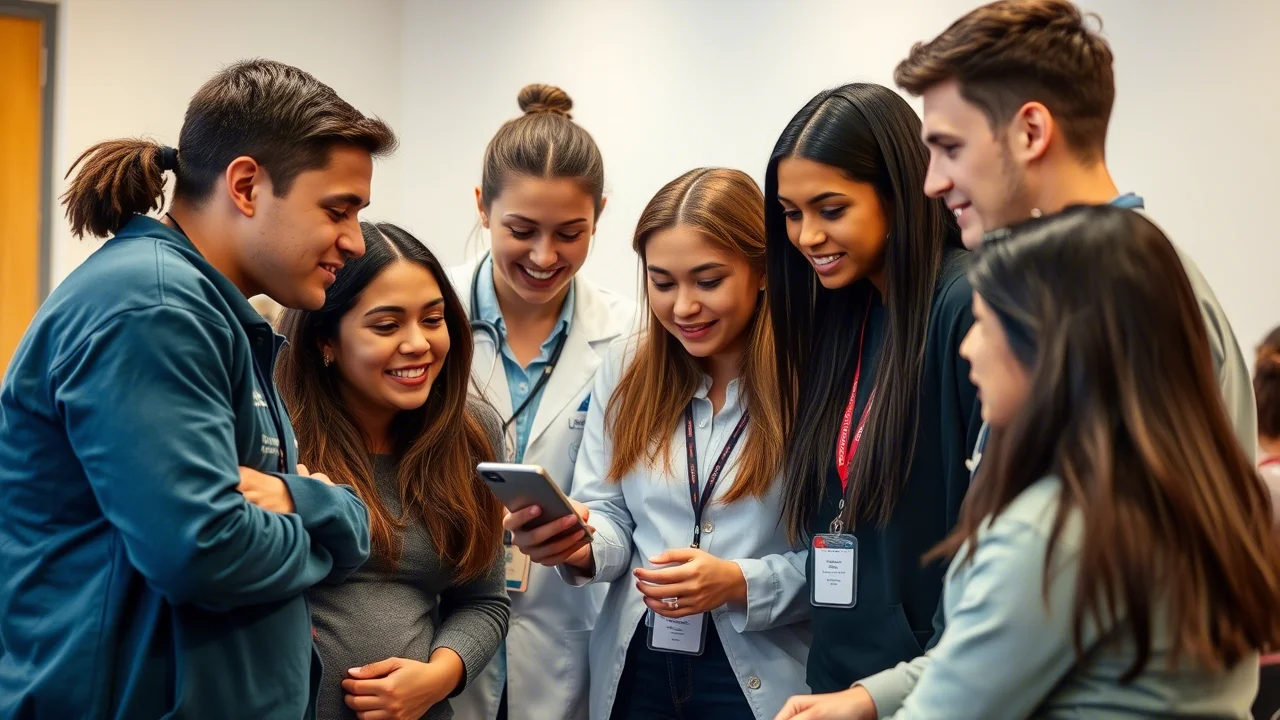 Un piccolo gruppo di studentesse di ostetricia che discutono animatamente attorno a uno smartphone, probabilmente commentando i risultati di un quiz sull'app. Ambiente di apprendimento informale, espressioni concentrate e interessate. Fotografia di gruppo, obiettivo zoom 24-70mm impostato a circa 50mm, luce ambientale interna, profondità di campo media.