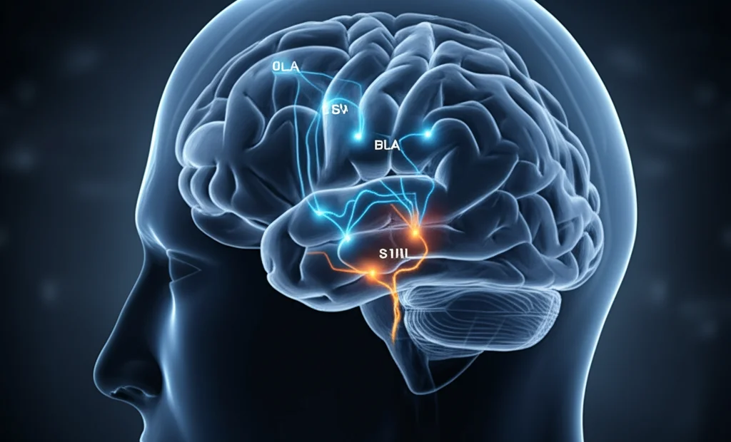 Immagine fotorealistica di un cervello umano stilizzato con percorsi neurali luminosi che collegano la corteccia somatosensoriale (S1HL) all'amigdala (BLA), simboleggiando il legame tra dolore cronico e depressione. Utilizzare un obiettivo prime da 35mm, profondità di campo ridotta per focalizzare sul percorso, illuminazione drammatica stile film noir, toni blu e grigi duotone per evocare tristezza e aspetto clinico.