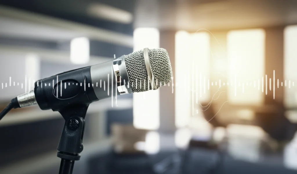 Microfono professionale posizionato in un ambiente domestico moderno e luminoso, leggermente sfocato sullo sfondo. Onde sonore stilizzate e digitali emanano da una fonte invisibile distante e convergono verso il microfono. Obiettivo prime 50mm, profondità di campo accentuata, illuminazione naturale soffusa che crea un'atmosfera calda.