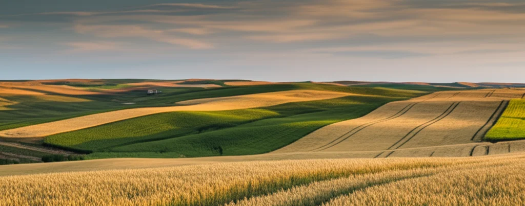 Paesaggio agricolo collinare nell'Oregon orientale al tramonto, con campi coltivati a rotazione (strisce alternate di grano dorato e legumi verdi visibili). Obiettivo grandangolare 20mm, luce calda e radente del tramonto che esalta le texture del terreno, messa a fuoco nitida su tutto il paesaggio, cielo con nuvole soffuse da lunga esposizione.