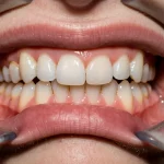 Primo piano di un sorriso perfetto dopo un trattamento ortodontico complesso per morso aperto, denti bianchi e allineati, obiettivo macro 85mm, alta definizione, illuminazione da studio che enfatizza la texture dello smalto.